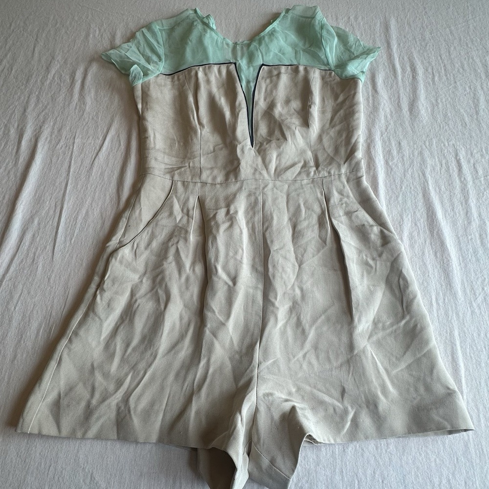 Charlotte Ronson Womens 2 Silk Striped Sheer Patchwork Pleated Romper Beige Flaw
